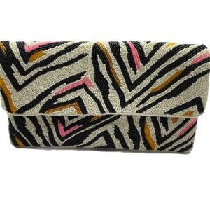 Zebra Print Pink & Gold Beaded Clutch | Handcrafted Artisan Evening Bag